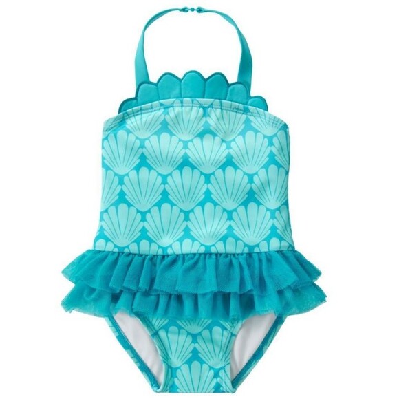 Gymboree Baby Girls Turquoise Seashell Ruffle Accent One Piece Swimsuit 12-18 - Picture 1 of 1
